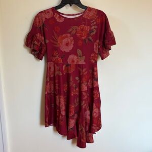Mia Joy Burgundy Floral Fit & Flare Dress Ruffle Sleeve Romantic Boho Size 10